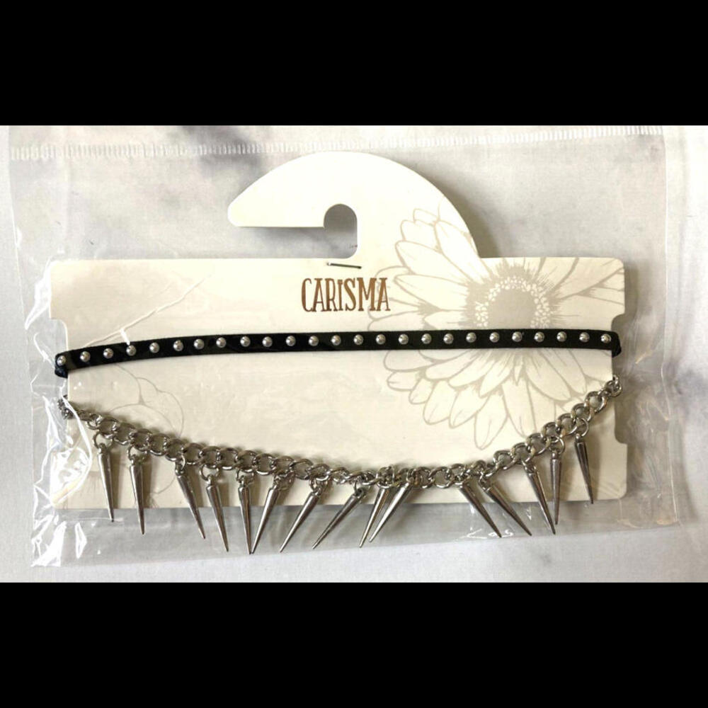 Silver Spike Choker & Black Silver Studs Choker 2 Pc NEW by Carisma Gothic